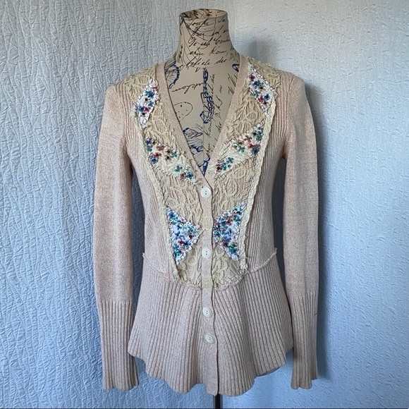 Free People Sweaters - Free People silk cotton Cream Floral Embroidered V-Neck Cardigan